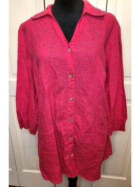 Chico's Hot Pink Linen Button Up Tunic Beading 2 (L) Coastal Preppy Boho Classic